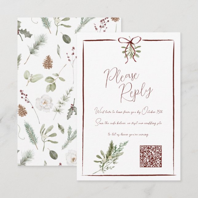 Rustic Red Hand Lettered Winter Wedding QR RSVP (Front/Back)