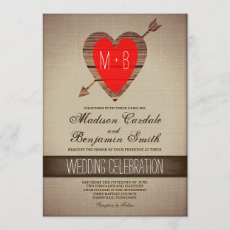 Rustic Red Heart Arrow Country Wedding Invites