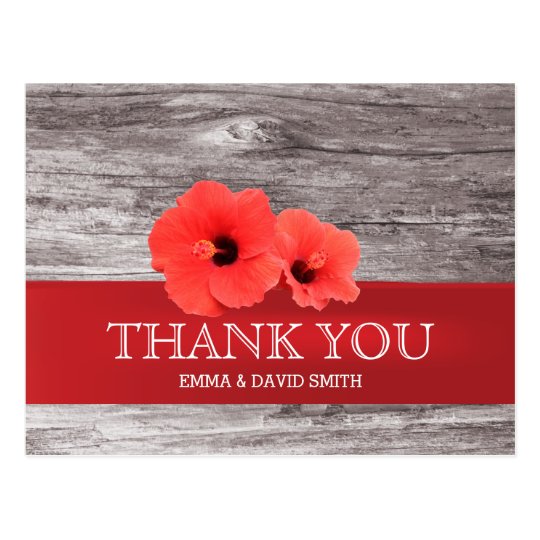 Rustic Red Hibiscus Wood Background Thank You Postcard