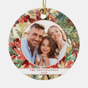 Rustic Red Holiday Floral Christmas Photo Ceramic  Ornament