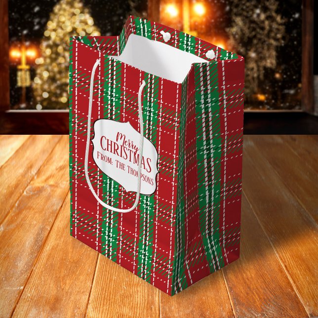Rustic Red Holiday Tartan Plaid Christmas Pattern Medium Gift Bag (Merry Christmas holiday red and plaid pattern gift bag.)
