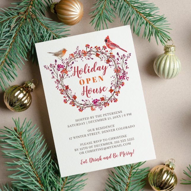 Rustic red holly berry wreath modern holiday party invitation (Creator Uploaded)