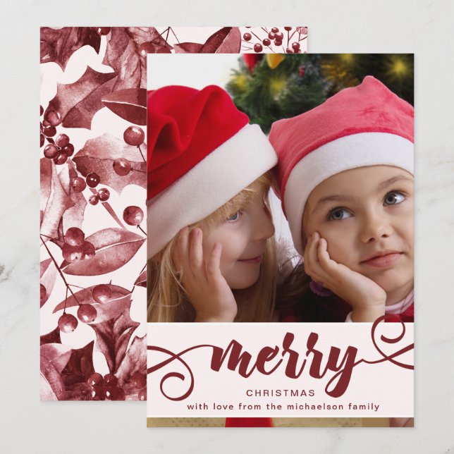 Rustic Red Holly with Photo Christmas Holiday Invitation (Front/Back)