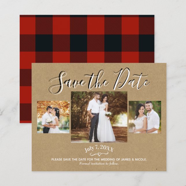 Rustic Red Kraft Buffalo Plaid Photo Save the Date (Front/Back)
