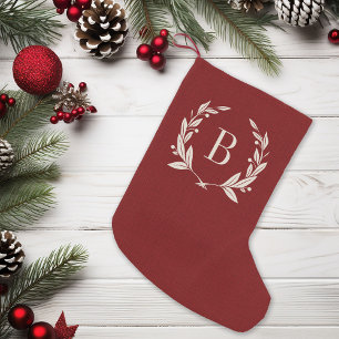 Rustic Red Laurel Wreath Monogram Small Christmas Stocking