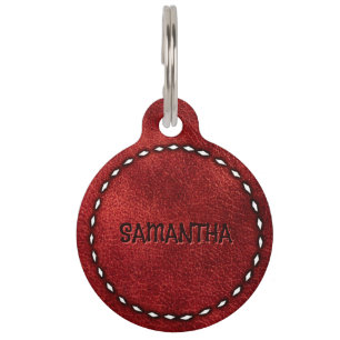 Rustic Red Leather Buckstitch Dog Cat Name Pet Tag