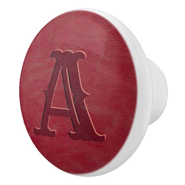 Rustic Red Leather Texture Monogram Initial Ceramic Knob (Right)