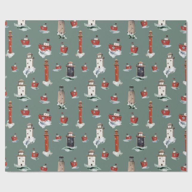 Rustic Red Lighthouses Boats In Stormy Seas 2 Wrapping Paper (Flat)
