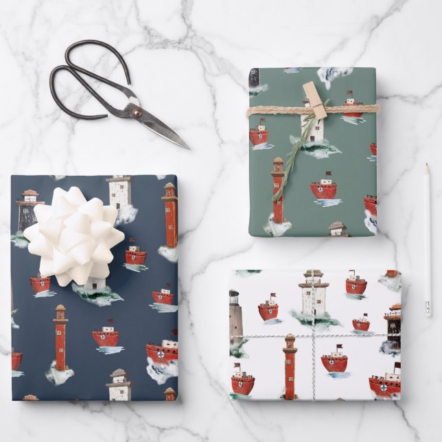 Rustic Red Lighthouses & Boats In Stormy Seas Wrapping Paper Sheet (Front)