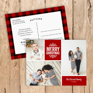 Rustic Red Merry Christmas 3 Photo Collage Holiday Postcard
