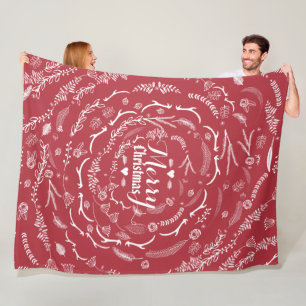Rustic Red Merry Christmas Antler Leaf  Pattern Fleece Blanket