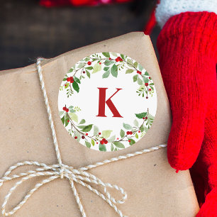 Rustic Red Monogram Holly Leaves Berries Christmas Classic Round Sticker