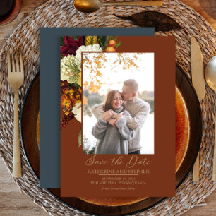 Rustic Red   Orange Floral Bouquet Photo Rust Teal Save The Date