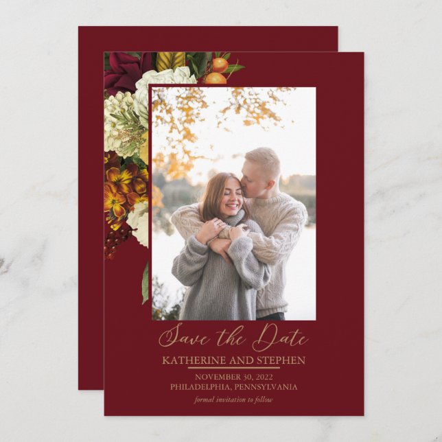 Rustic Red | Orange Floral Bouquet Photo Save The Date (Front/Back)