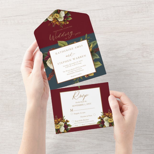 Rustic Red | Orange Floral Bouquet Teal Wedding Al All In One Invitation (Tearaway)