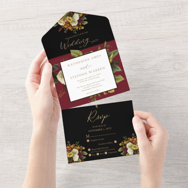 Rustic Red | Orange Floral Bouquet Wedding All In One Invitation (Tearaway)