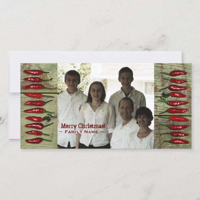 Rustic Red Peppers Green Wood Photo Christmas Card (Front)