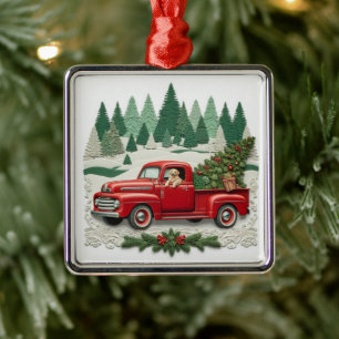 Rustic Red Pickup Truck Christmas Tree Metal Ornament