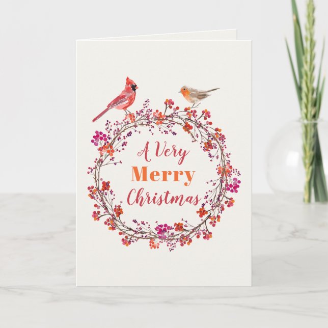 Rustic red pink and orange holly Christmas wreath Holiday Card (Front)