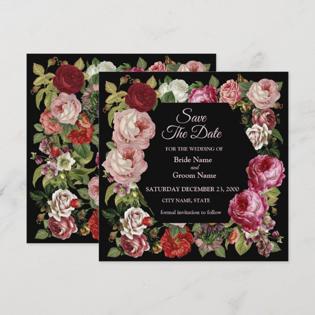 Rustic Red Pink Floral Greenery Black Save The Date (Front/Back)