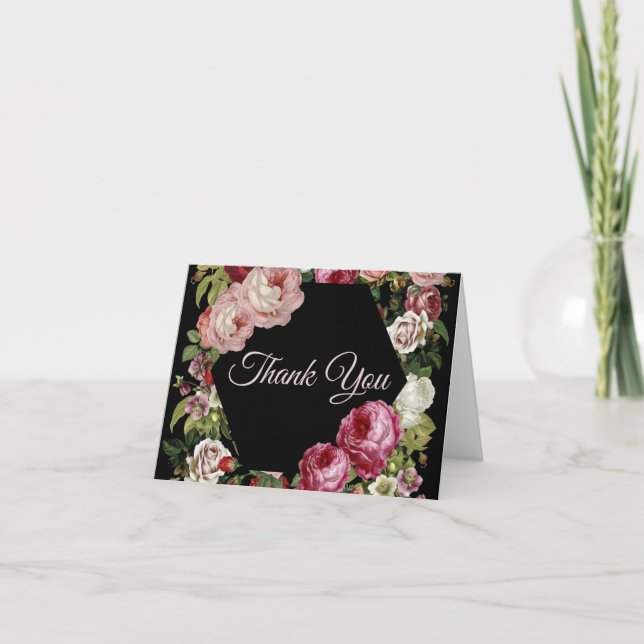 Rustic Red Pink Floral Greenery Black Thank You Card (Front)