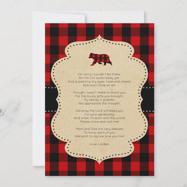 Rustic Red Plaid Bear thank you note with poem Invitation (Front)
