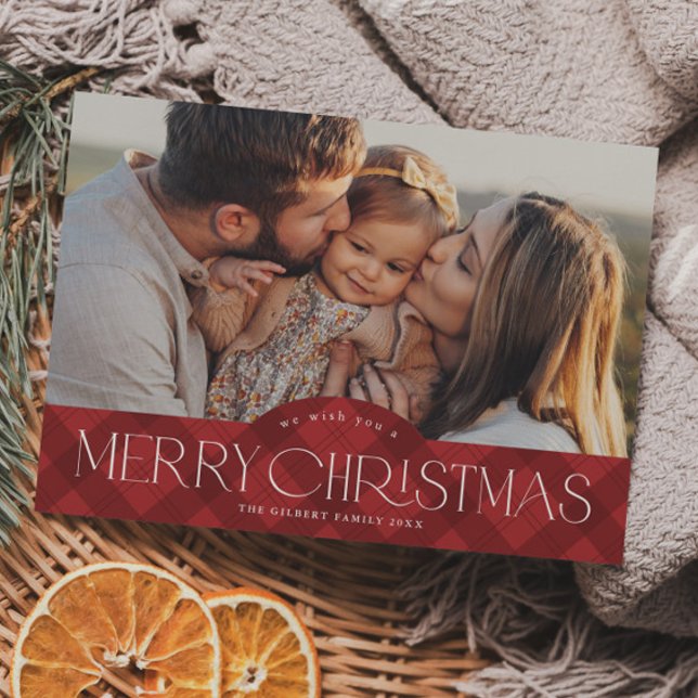 Rustic Red Plaid Budget Photo Christmas Card (Rustic red plaid budget photo Christmas holiday card.)