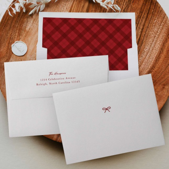 Rustic Red Plaid Christmas Card Envelope (Modern red plaid rustic Christmas Holiday Card Envelope.)