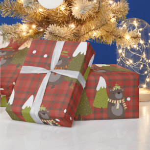 Rustic Red Plaid Christmas Tree and Bear Gift Wrapping Paper