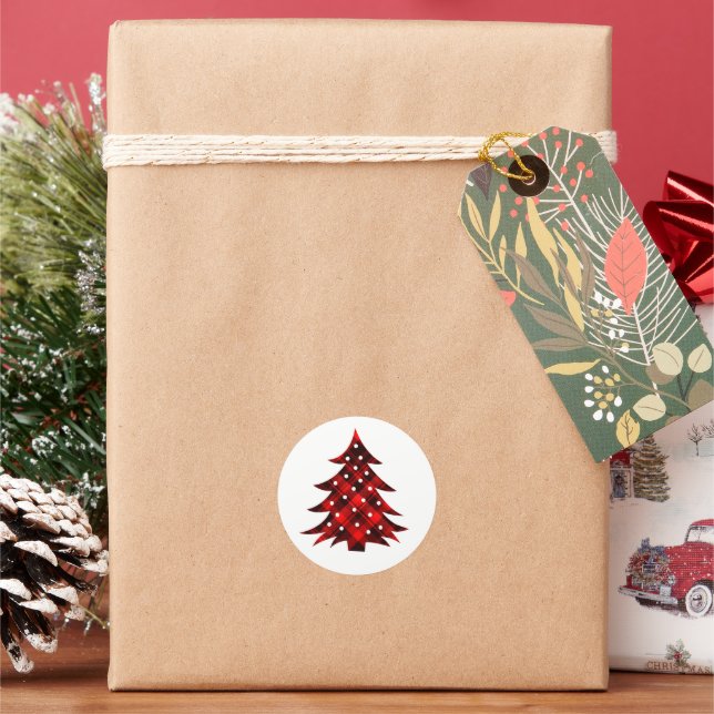 Rustic Red Plaid Christmas Tree Classic Round Sticker (Holiday)