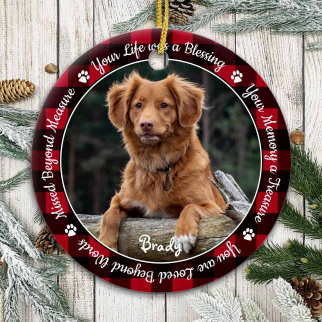 Rustic Red Plaid Custom Dog Photo Pet Memorial Ceramic Ornament (Creator Uploaded)