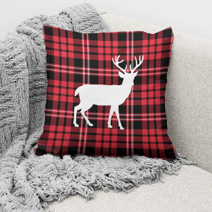Rustic Red Plaid Deer Christmas Throw Pillow