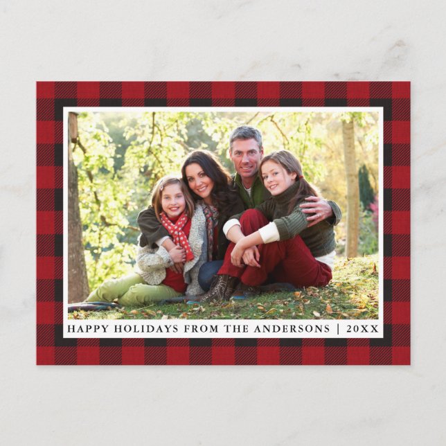 Rustic Red Plaid Family Photo Happy Holidays Postcard (Front)