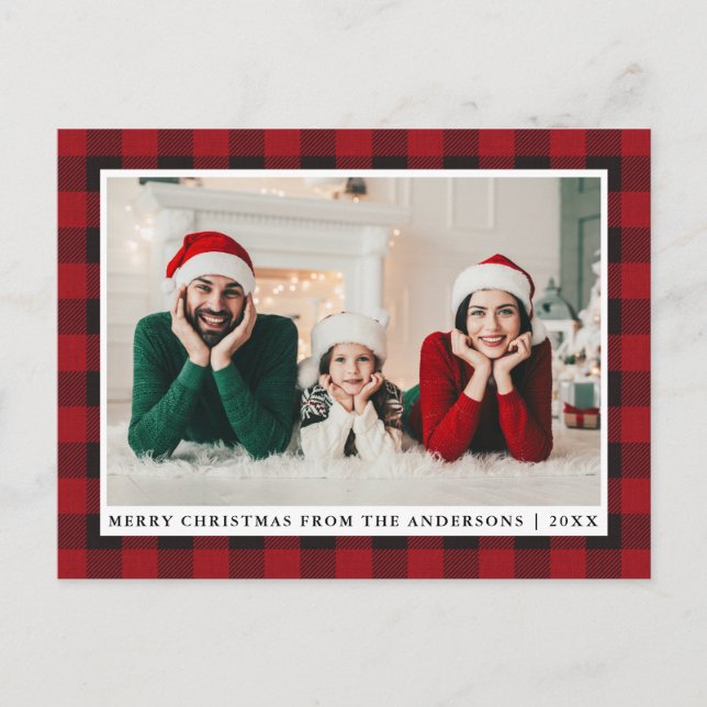 Rustic Red Plaid Family Photo Merry Christmas Postcard (Front)