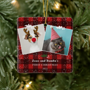 Rustic red plaid flannel mistletoe snow 2 photos ceramic ornament
