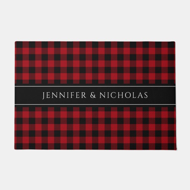 Rustic Red Plaid Gingham Name Doormat (Front)