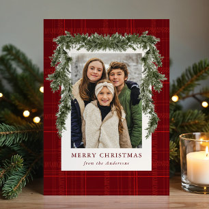 Rustic Red Plaid Greenery Christmas 4 Photo Holiday Card