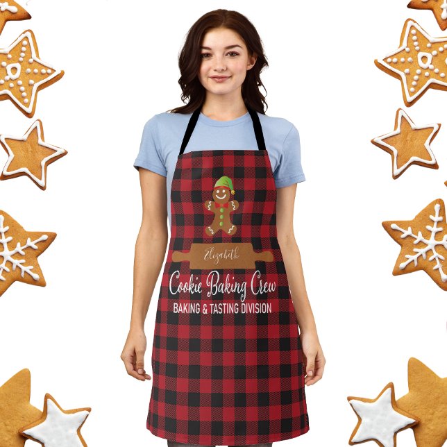 Rustic Red Plaid Holiday Baking Apron (Holiday Baking Apron With Monogram Name  Cookie Baking Crew - Plaid with gingerbread man)