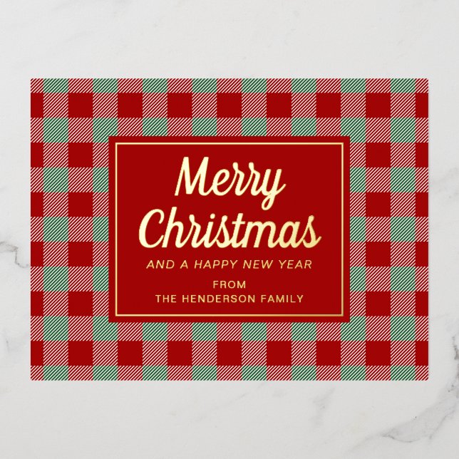 Rustic Red Plaid Merry Christmas Gold Foil Holiday Postcard (Front)