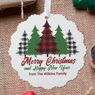 Rustic Red Plaid Merry Christmas Happy New Year Ornament Card