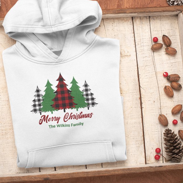 Rustic Red Plaid Merry Christmas Trees Custom Hoodie (Creator Uploaded)