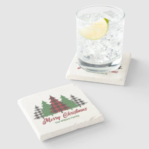 Rustic Red Plaid Merry Christmas Trees Custom Stone Coaster