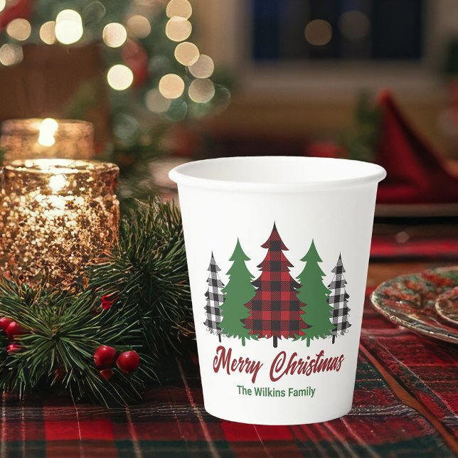 Rustic Red Plaid Merry Christmas Trees Party Paper Cups (Creator Uploaded)