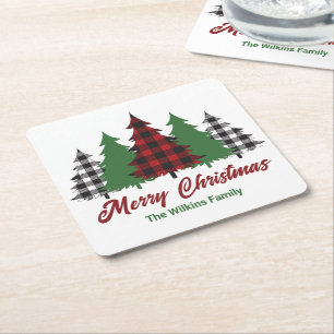 Rustic Red Plaid Merry Christmas Trees Party Square Paper Coaster
