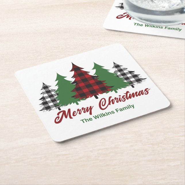 Rustic Red Plaid Merry Christmas Trees Party Square Paper Coaster (Angled)