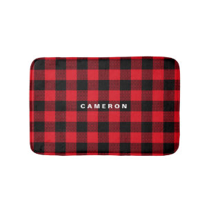 Rustic Red Plaid Pattern Holiday Personalized Bath Mat