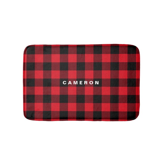 Rustic Red Plaid Pattern Holiday Personalized Bath Mat (Front)