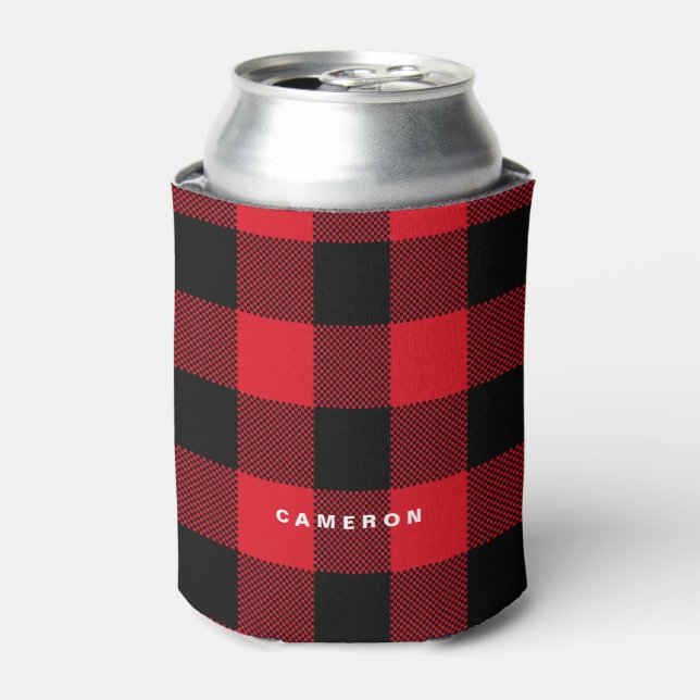 Rustic Red Plaid Pattern Holiday Personalized Can Cooler (Can Front)