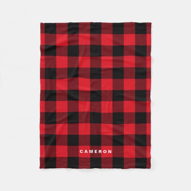 Rustic Red Plaid Pattern Holiday Personalized Fleece Blanket (Front)