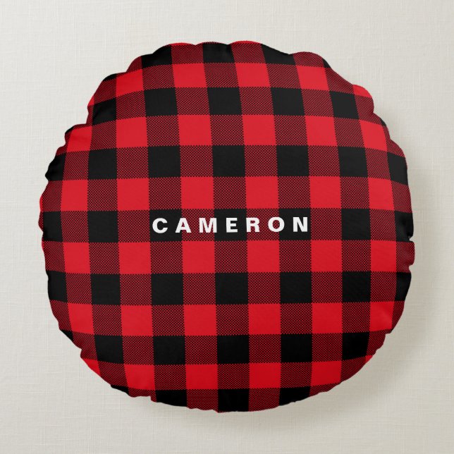 Rustic Red Plaid Pattern Holiday Personalized Round Pillow (Front)